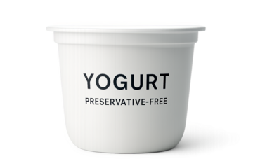 Plastic yogurt cup with preservative free label on surface isolated on transparent background, preservative free