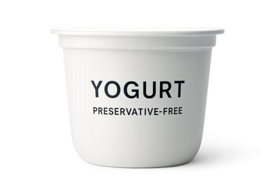 Plastic yogurt cup with preservative free label on surface isolated on transparent background, preservative free