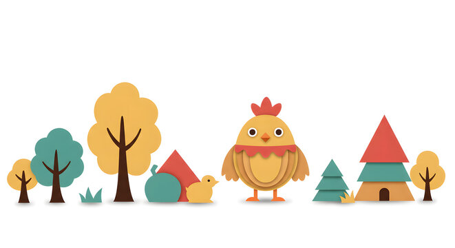 Playful Easter Illustration: A charming, colorful Easter illustration featuring a delightful assortment of whimsical elements like birds, houses, and trees against a minimalist backdrop.