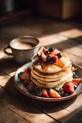 A Cozy Morning Delight: Pancakes, Fresh Fruits, and Aromatic Coffee for the Perfect Breakfast Indulgence