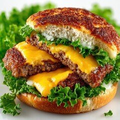 Open Double Cheeseburger with Lettuce and Sesame Seed Bun