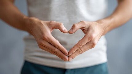 Forming a heart shape with hands over the stomach, a man symbolizes love and care for digestive health, promoting a holistic approach to gut wellness