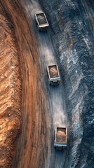 Aerial view of large mining trucks transporting