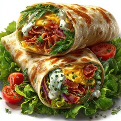 Delicious Breakfast Burrito Stacked on Lettuce with Bacon, Egg, and Tomatoes