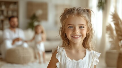 Smiling Little Girl with Family in Background at Home