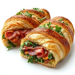 Two Fresh Croissant Sandwiches with Ham and Greens on White