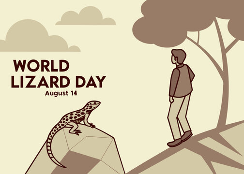 papercut-style vector showing a woman observing a lizard in the forest. great for greeting cards, posters, or eco-campaign visuals celebrating world lizard day.