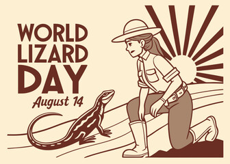 retro vector of a desert scene with woman explorer and giant lizard. ideal for event posters and campaign visuals celebrating world lizard day on august 14.