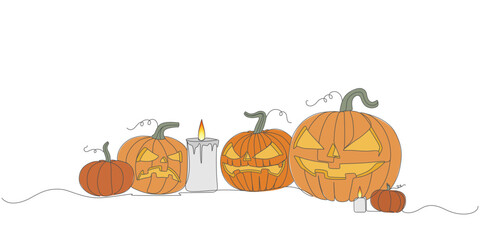 Group of Hand Drawn Halloween Pumpkins with Carved Faces and Candles Isolated on White Background