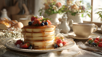 A Cozy Morning Delight: Pancakes, Fresh Fruits, and Aromatic Coffee for the Perfect Breakfast Indulgence
