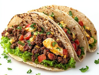 Three Delicious Breakfast Tacos with Meat, Egg, and Fresh Herbs