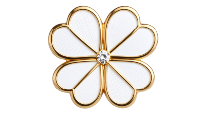 A four - leaf heart - shaped jewelry with a gold frame, white textured center, exquisite and elegant, decoration / jewelry isolated on solid white background