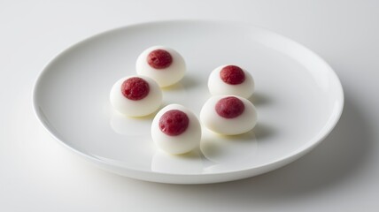 Elegant display of traditional Japanese sweets with smooth rice cakes and red bean paste.
