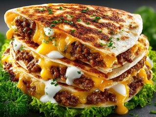 Stack of Delicious Beef Quesadillas with Melting Cheese and Sour Cream
