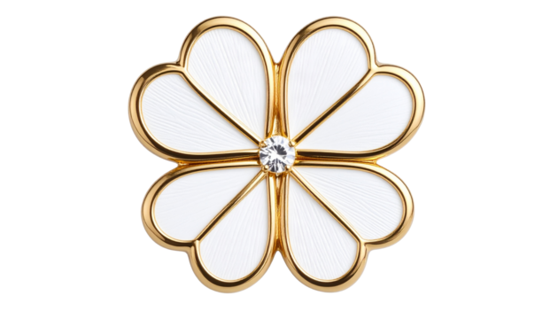 A four - leaf heart - shaped jewelry with a gold frame, white textured center, exquisite and elegant, decoration / jewelry isolated on solid white background