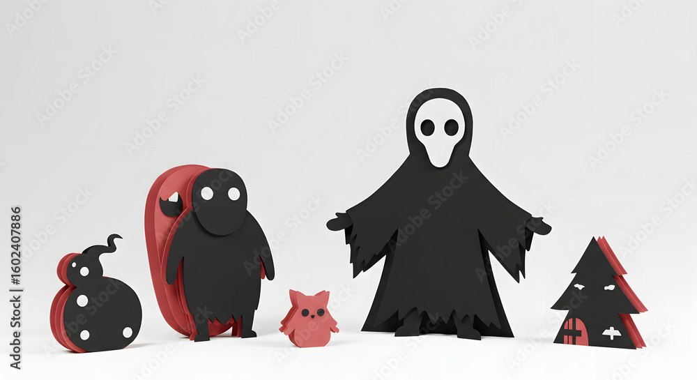 Poster eerie characters: a captivating collection of unique characters in playful forms, presented with a m