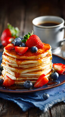 A Cozy Morning Delight: Pancakes, Fresh Fruits, and Aromatic Coffee for the Perfect Breakfast Indulgence