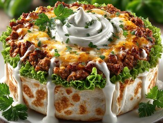 Taco Pie with Ground Beef, Cheese, Sour Cream and Lettuce