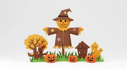 Whimsical Harvest Display: A vibrant handcrafted paper art scene of a cheerful scarecrow, autumnal foliage, and playful jack-o'-lanterns, set against a cheerful backdrop.