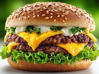 Delicious Double Cheeseburger with Melted Cheese and Sesame Bun