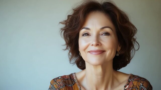 Elegant Smile: A captivating portrait of a refined woman with a warm and genuine smile, radiates natural beauty and poise.