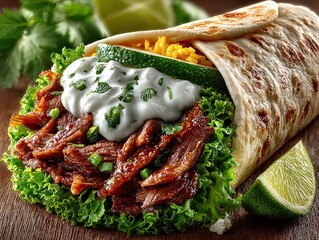Loaded Pulled Pork Burrito with Rice, Lettuce, and Creamy Topping