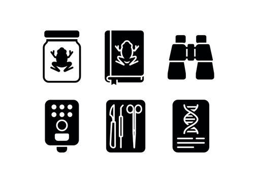 solid icon isolated zoologist specimen jar zoologist field notebook zoologist binoculars zoologist camera trap zoologist dissection kit zoologist DNA barcoding kit