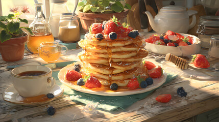 A Cozy Morning Delight: Pancakes, Fresh Fruits, and Aromatic Coffee for the Perfect Breakfast Indulgence