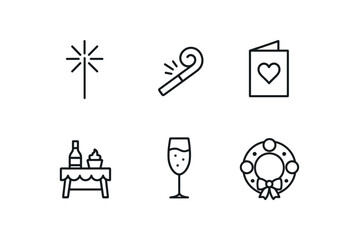 stroke icon mono icons style isolated celebration (party favors): sparkler candle party horn greeting card festive table champagne glass holiday wreath