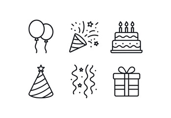 stroke icon mono icons style isolated celebration (decorations): festive balloons confetti shower decorated cake party hat streamers gift wrap