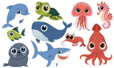 Vector set of marine animals on white background in simple childish style. Whale dolphin shark shark crab SEAL fish octopus squid seahorse shrimp turtle turtle jellyfish. Vector illustration