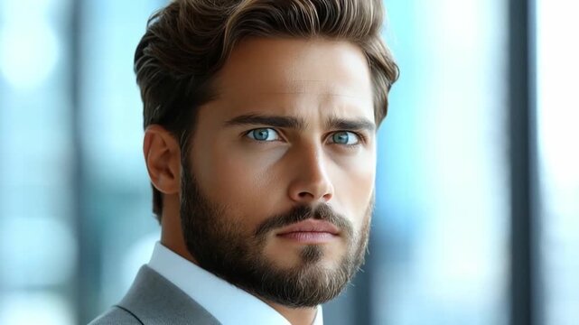 Handsome Man: A portrait of a confident and stylish man with a well-groomed beard and striking eyes, set against a blurred, modern backdrop.