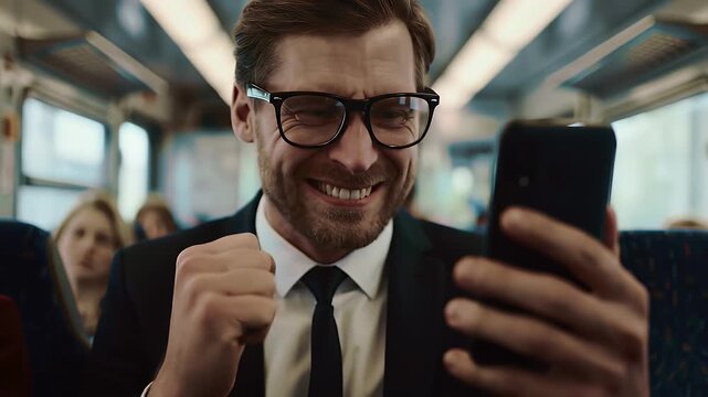 Euphoric Businessman Celebrating Success With Mobile Phone on Train Journey Wearing Dark Suit and Eyeglasses