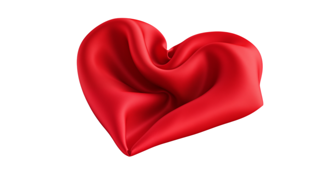 Luxurious red silk heart fabric flows elegantly, perfect for romance and design projects isolated on white or transparent png.