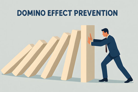 Preventing the Domino Effect: A determined professional halts the cascade, symbolizing proactive intervention and control in a symbolic visual