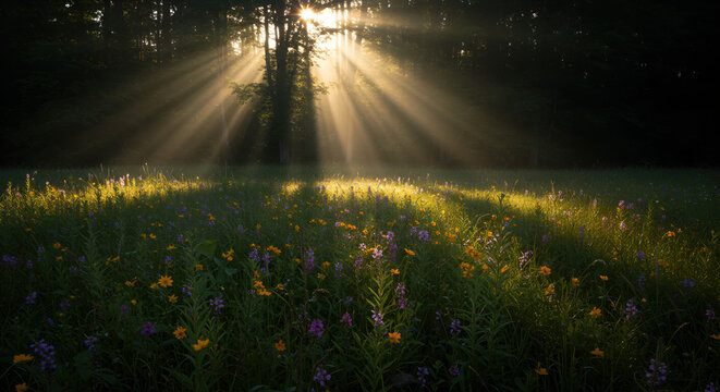 Ethereal sunrise over a flourishing greenspace, with golden sun rays highlighting a wildflower meadow that functions as a perfect pollinator habitat.