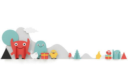 Obraz premium Whimsical Companions in a Scenic Landscape: A charming, fantastical composition features a variety of endearing characters, creating a delightful world of joy and companionship.