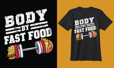 Funny gym t shirt design featuring a dumbbell made of fast food items and motivational text