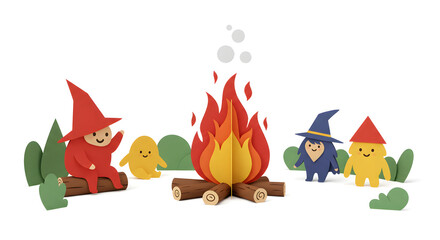 Whimsical Gathering Around Campfire: A cheerful group of paper-cut characters huddle around a crackling campfire, the flames dancing in the twilight, creating a whimsical and inviting scene.