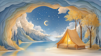 Peaceful camping scene with tent, crescent moon and mountain lake in 3D paper cut. Dreamy night nature landscape