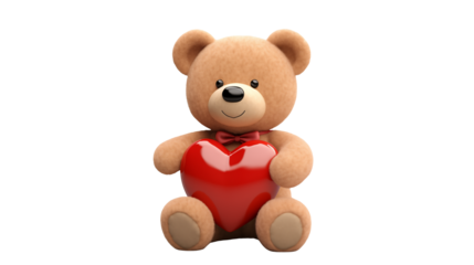 Adorable teddy bear holding a shiny red heart, perfect for conveying love and affection isolated on white or transparent png.