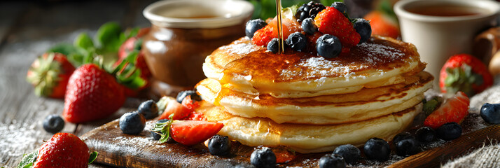 A Cozy Morning Delight: Pancakes, Fresh Fruits, and Aromatic Coffee for the Perfect Breakfast Indulgence