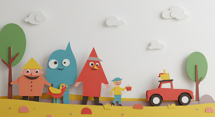 Joyful Companions in Dreamscape: A charming group of whimsical characters, embodying unity and playfulness, venture on a vibrant journey amidst a paper-crafted world.