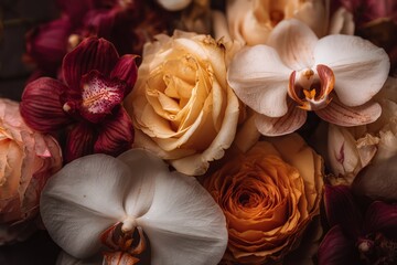 Closeup Bouquet Of Roses And Orchids
