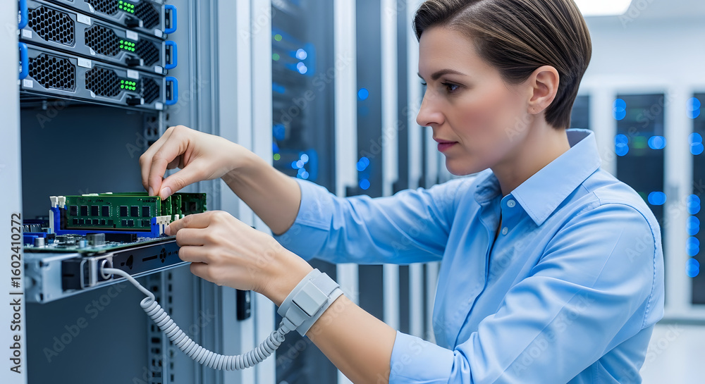 Poster data engineer at work: a focused data engineer meticulously installs hardware in a state-of-the-art 