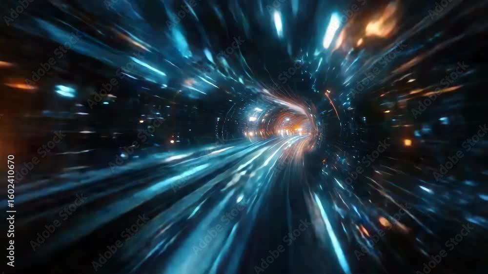 Poster tunnel effect digital art with motion streaks and light vignette.