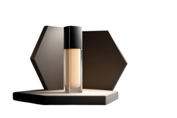 A bottle of liquid foundation stands on a geometric hexagonal platform. This product design exudes a sense of modernity and fashion.