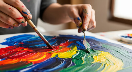 Obraz premium Brushstrokes of Passion: An artist's hands, immersed in the creative process, bring a canvas to life with vivid, colorful strokes, a testament to the power of artistic expression.