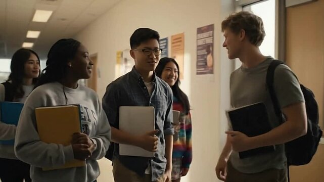 Four students walk in a school hallway carrying books and laptops