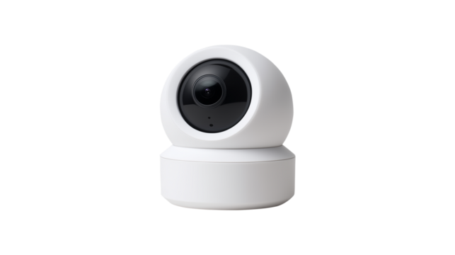 A modern white smart home security camera for surveillance and monitoring